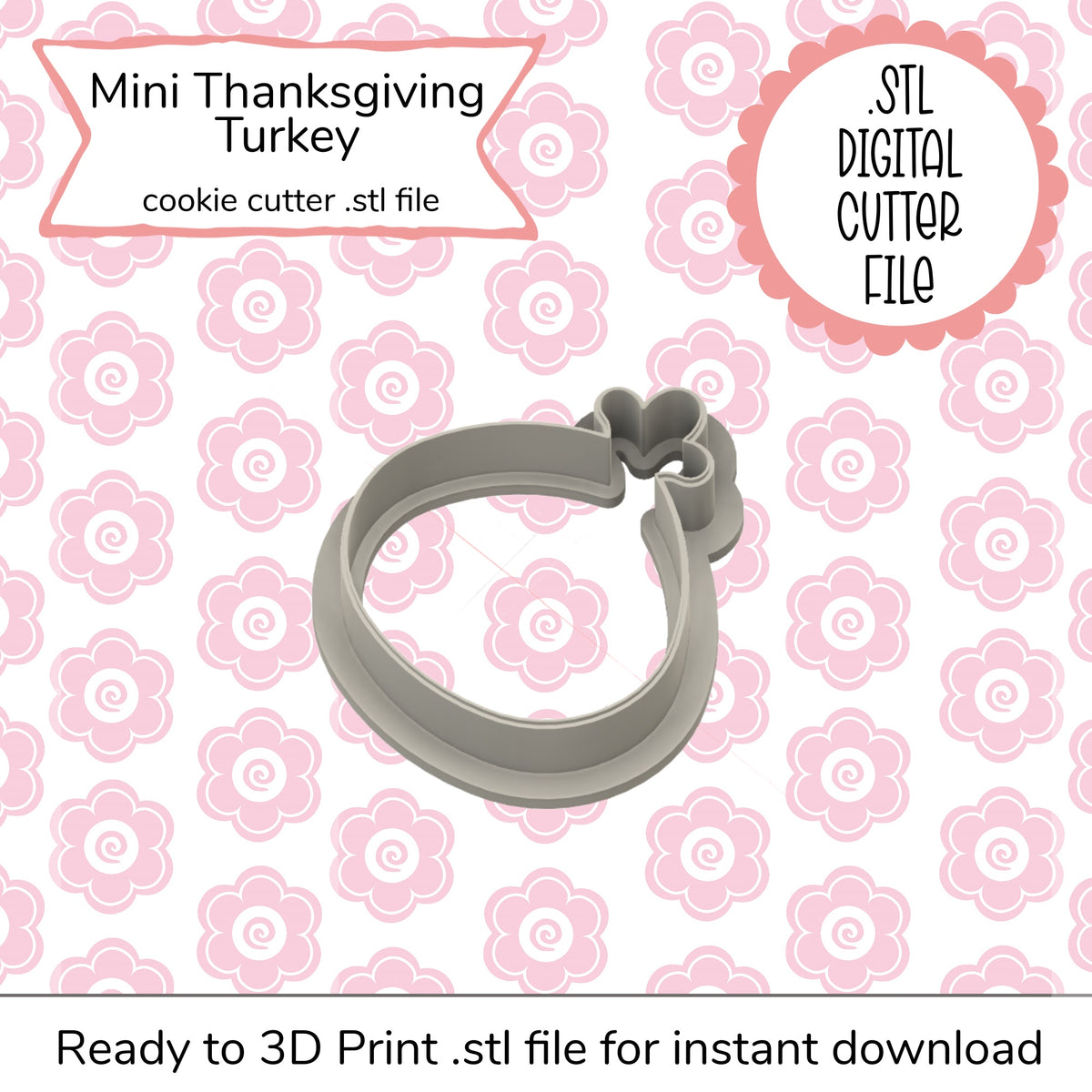 Gray plastic mini thanksgiving turkey cookie cutter with heart-shaped head and detailed feather pattern for baking