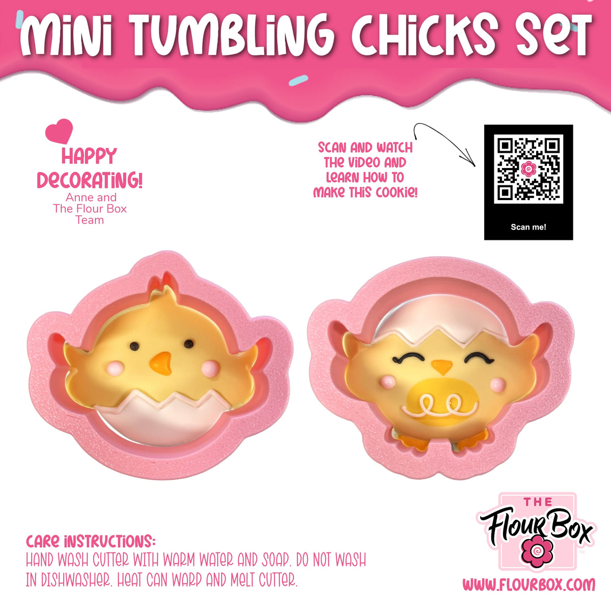 Mini tumbling chicks 2-cutter set pink silicone cookie cutters with two yellow chick designs for baking fun