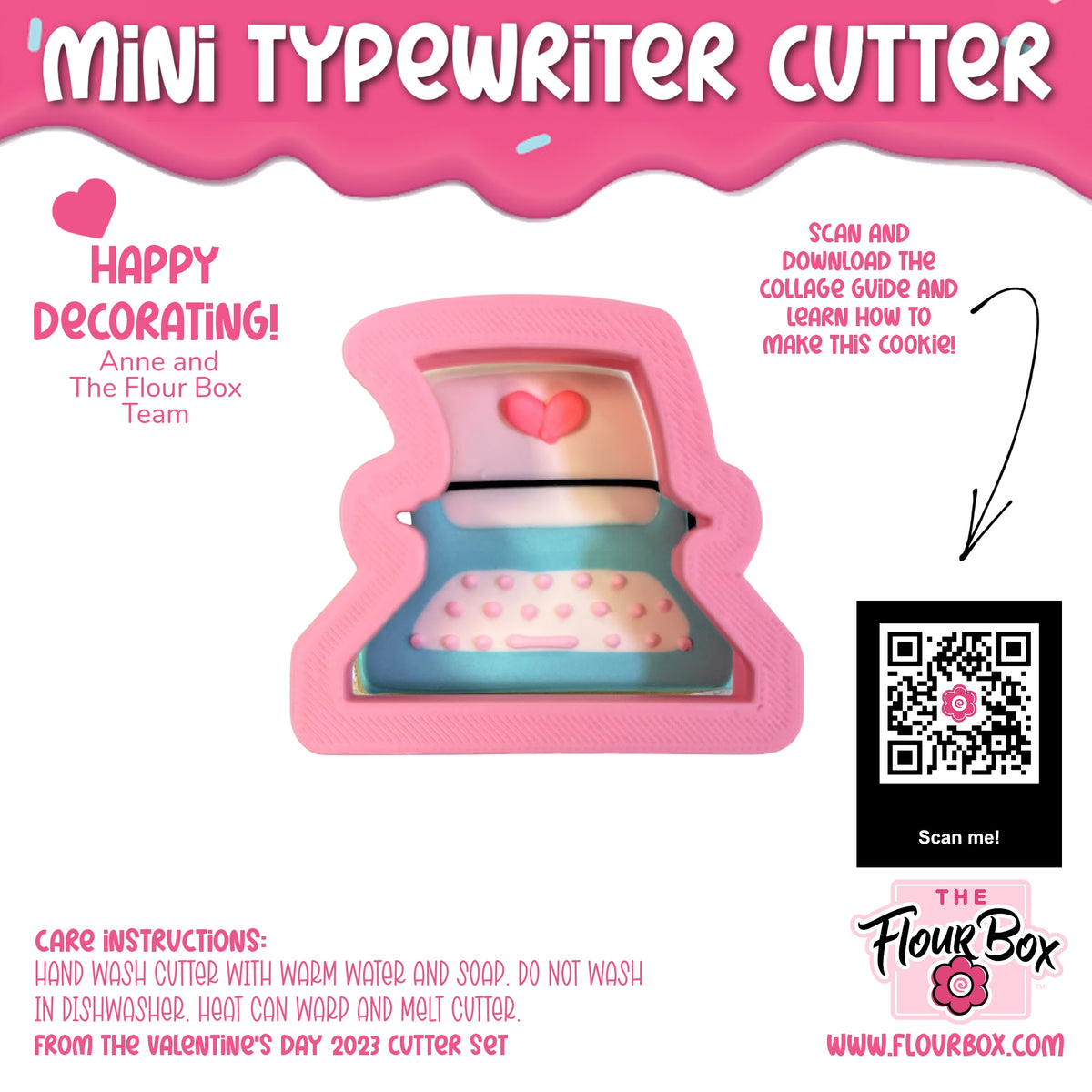 Pink silicone mini typewriter cookie cutter with blue and beige heart design for baking and crafting purposes