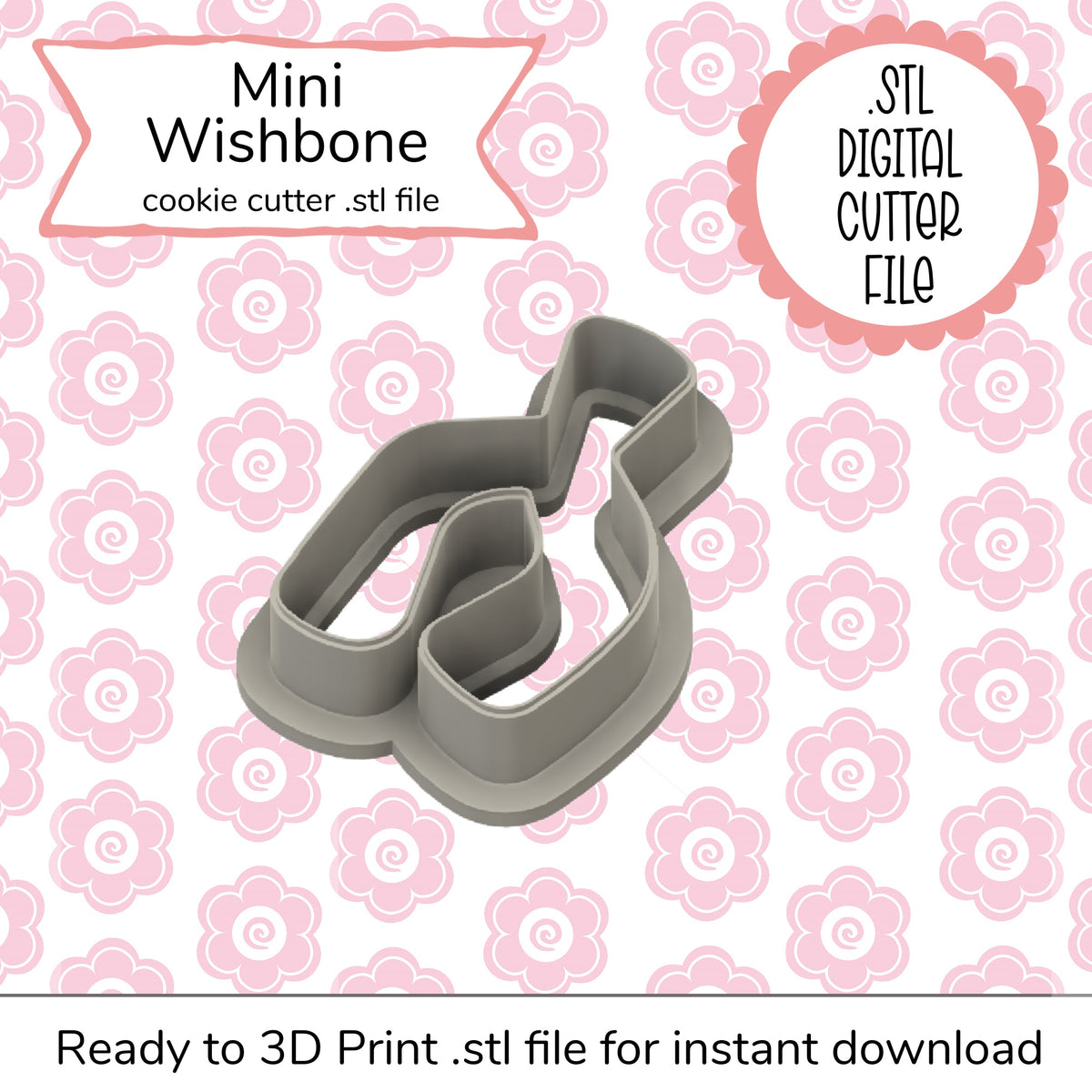 Gray plastic mini wishbone cookie cutter with smooth rounded design in digital mini wishbone cutter STL file