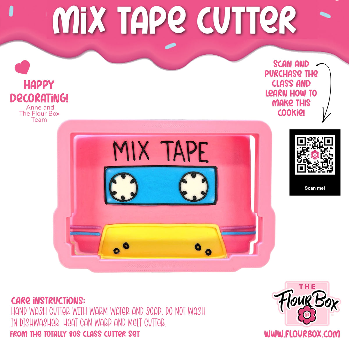 Pink plastic mix tape cookie cutter shaped like a cassette with blue and yellow details for baking and crafting