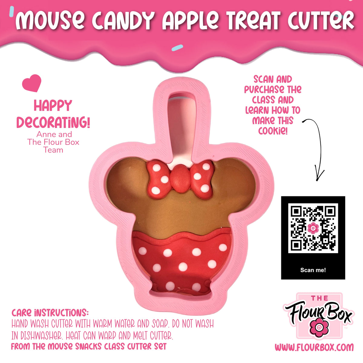 Pink silicone mouse candy apple cookie cutter with red polka-dot bow and matching skirt for festive treats