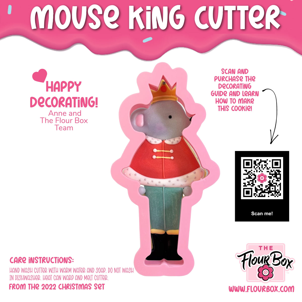 Mouse king cookie cutter featuring a gray mouse with golden crown, red coat, teal pants, and black boots design