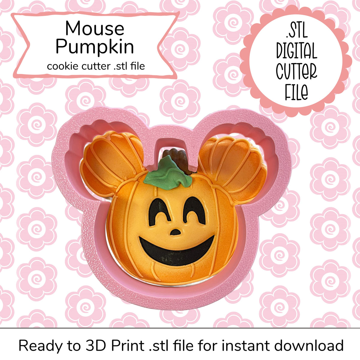 Pink silicone mouse-shaped pumpkin cookie cutter with orange and green details digital STL file for baking