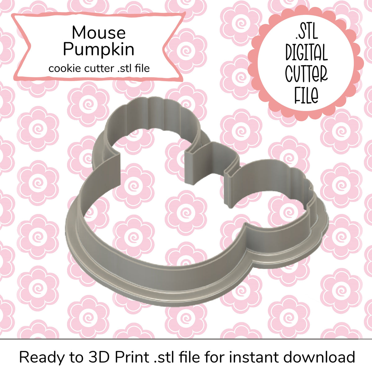 Gray plastic mouse-shaped pumpkin cookie cutter with smooth rounded design for halloween baking stl file digital product