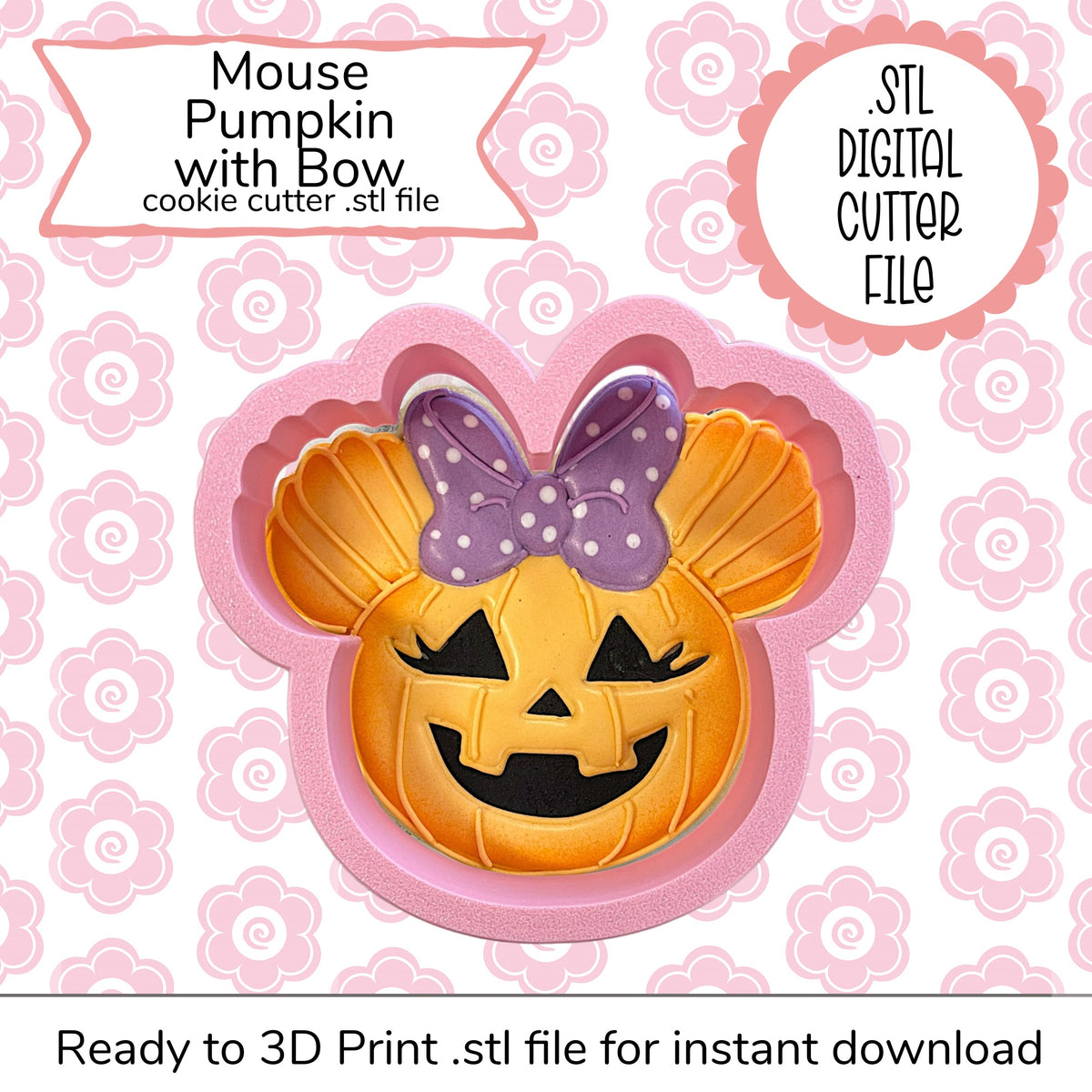 Pink silicone mouse pumpkin with bow cookie cutter for halloween baking digital stl file design