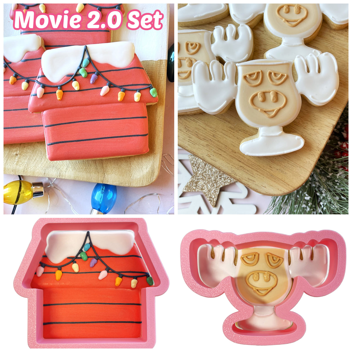 Pink silicone cookie cutters shaped like a red doghouse with snow and lights and a smiling moose in glass from christmas movie 2.0 cookie cutter bundle
