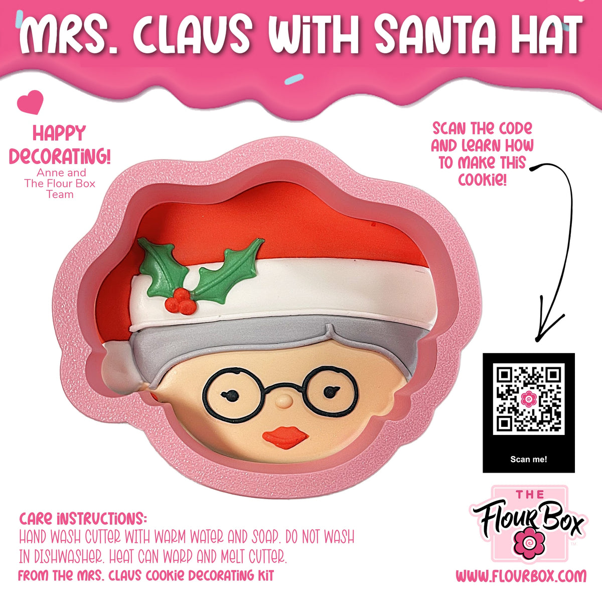 Pink silicone cookie cutter shaped like mrs for mrs claus with santa hat holiday baking decoration