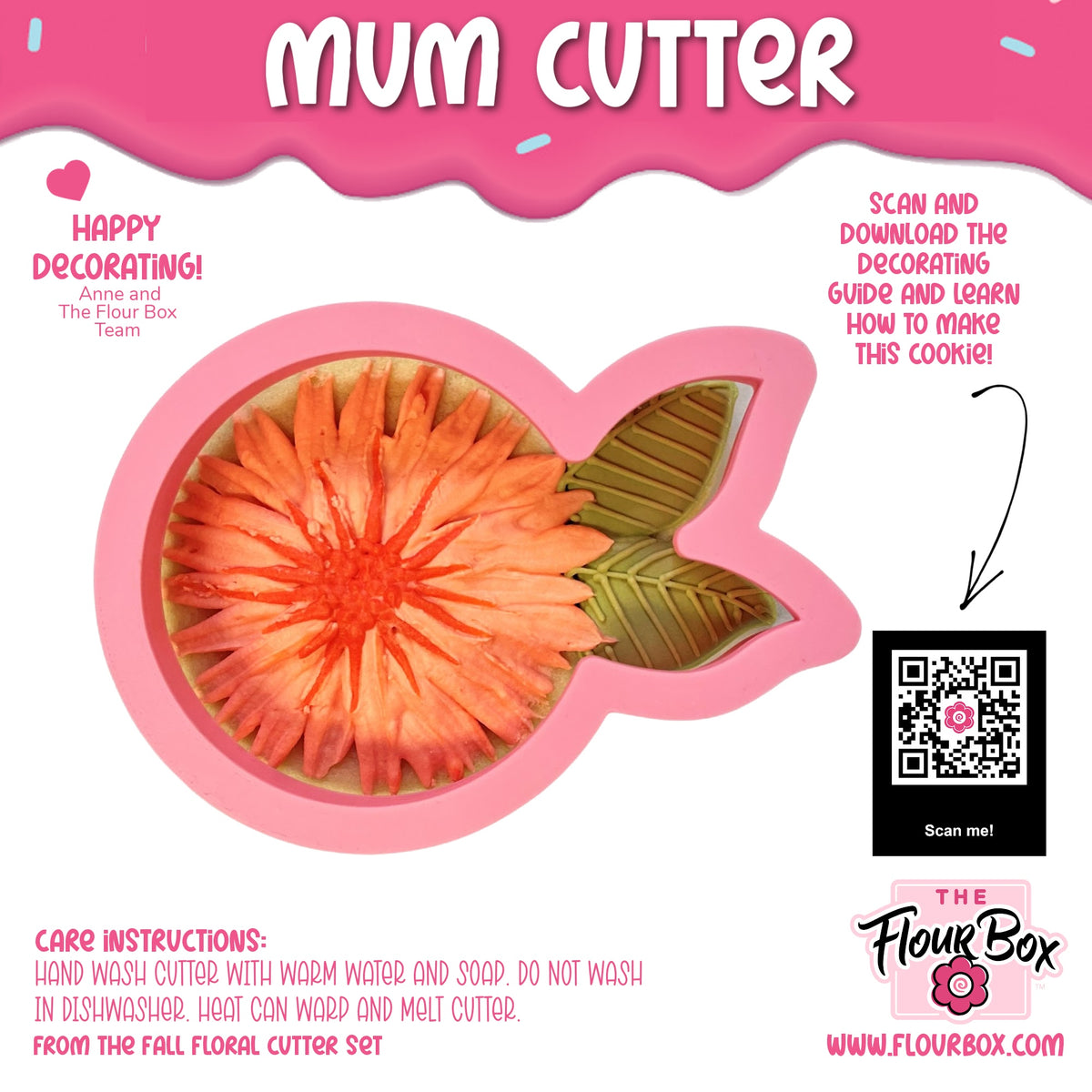 Pink and red flower shaped sugar cookies decorated with piped icing made using a mum cookie cutter