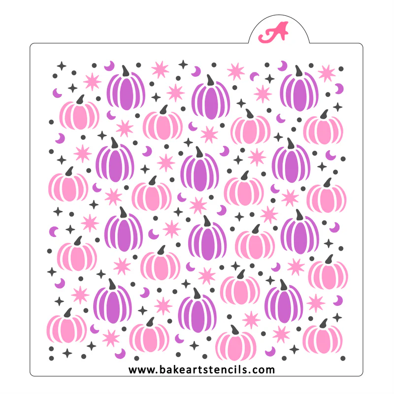 White silicone stencil from mystic pumpkin 3pc bakeart set with pink and purple pumpkins stars moons and dots pattern