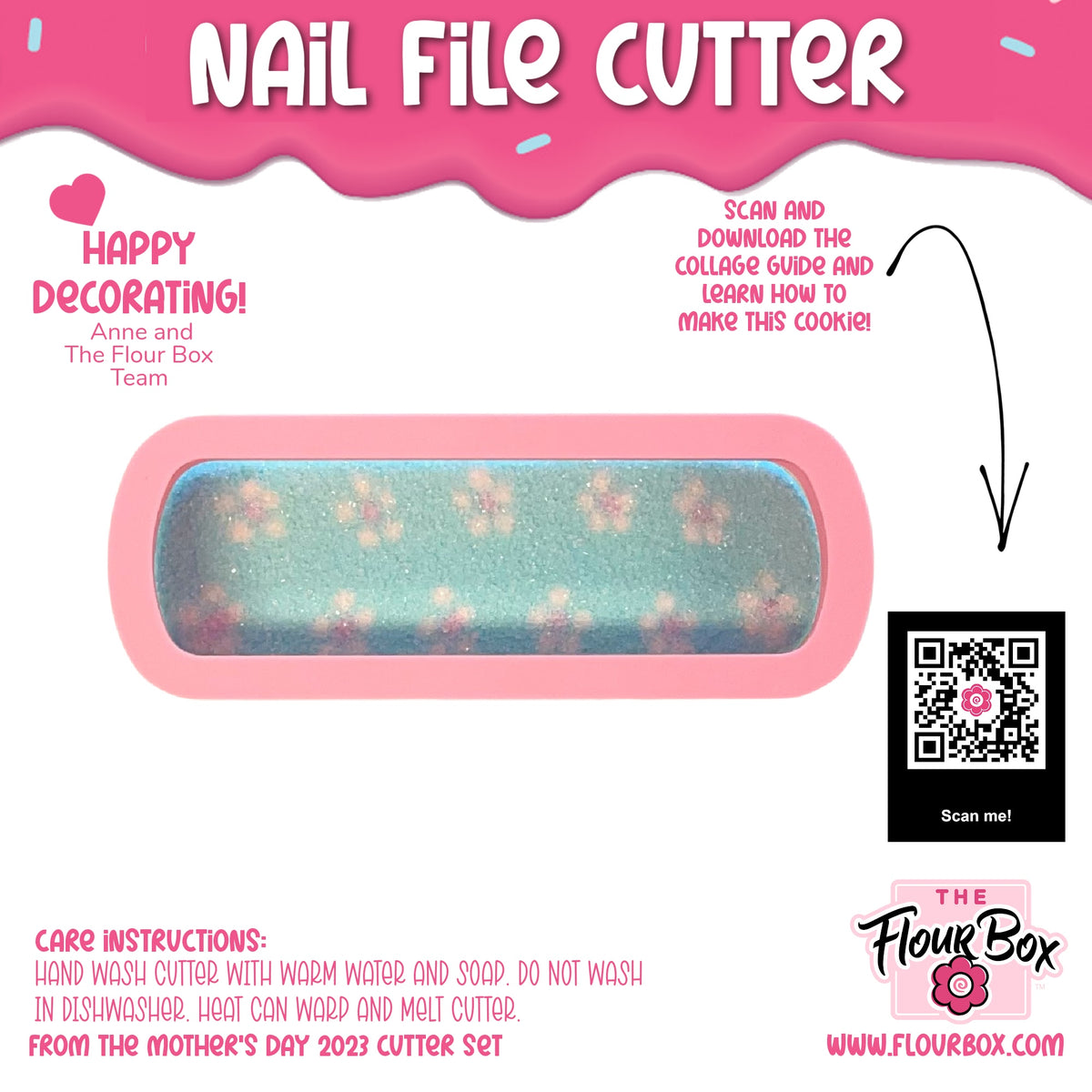 Pink silicone nail file cookie cutter with teal glittery interior and pink floral patterns for nail care crafting
