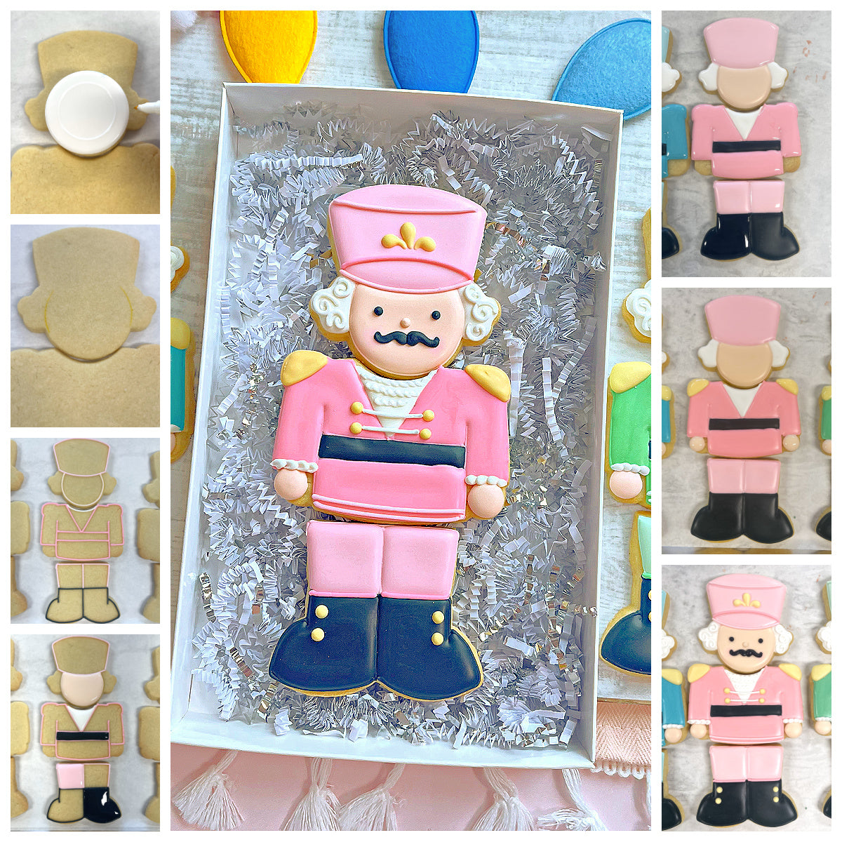 Nutcracker 3-in-1 multi-cookie cutter with a pink navy blue decorated nutcracker cookie with gold and white icing accents