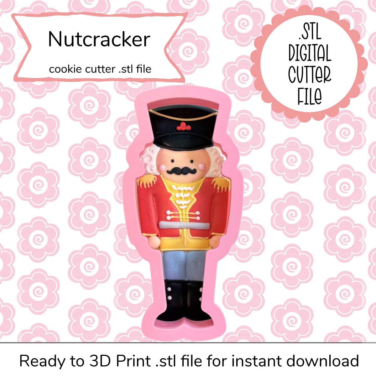 Red and gold nutcracker cutter stl file featuring a toy soldier design with black hat mustache and boots for cookie shaping