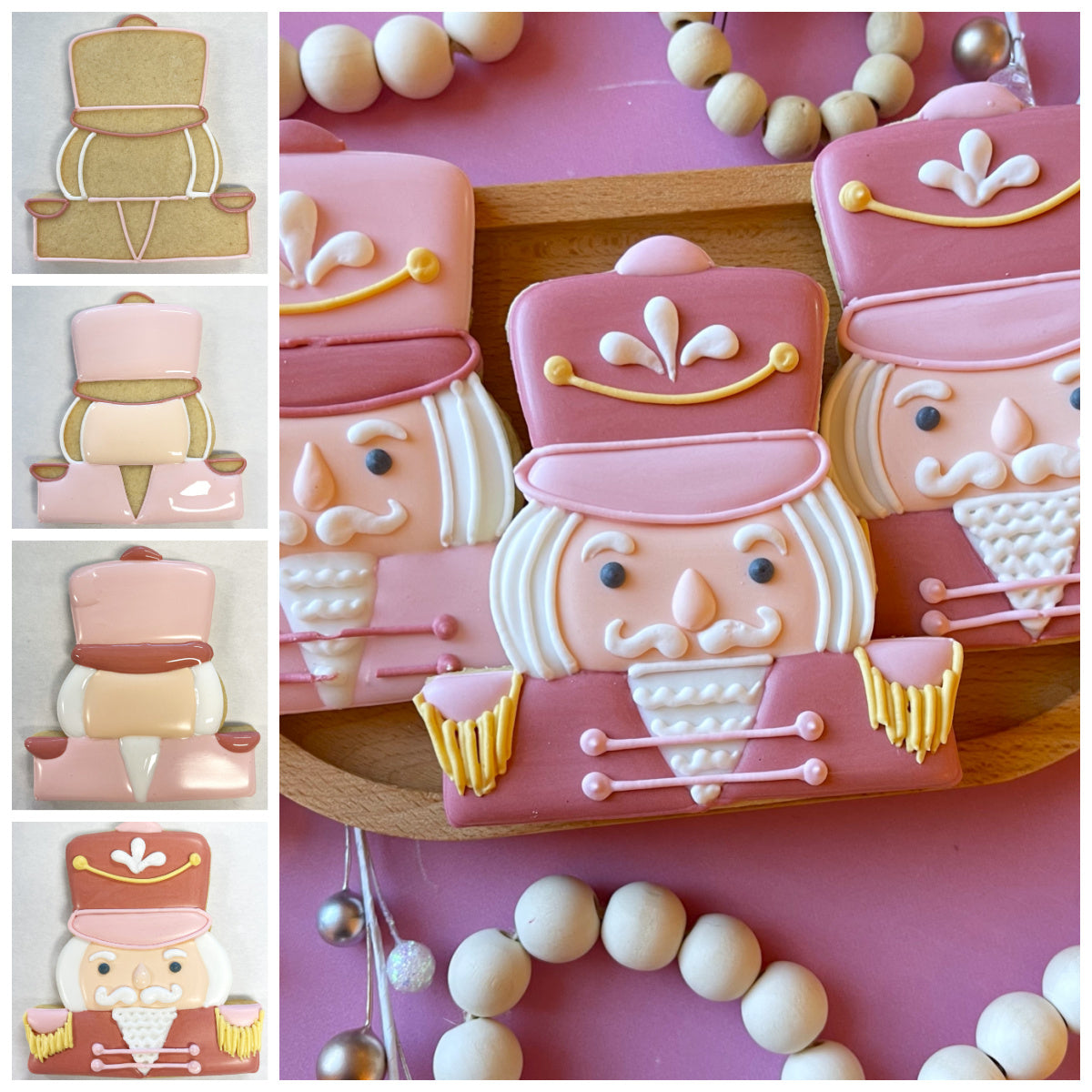 Nutcracker face cookie cutter with pink and white decorated nutcracker cookies featuring gold accents