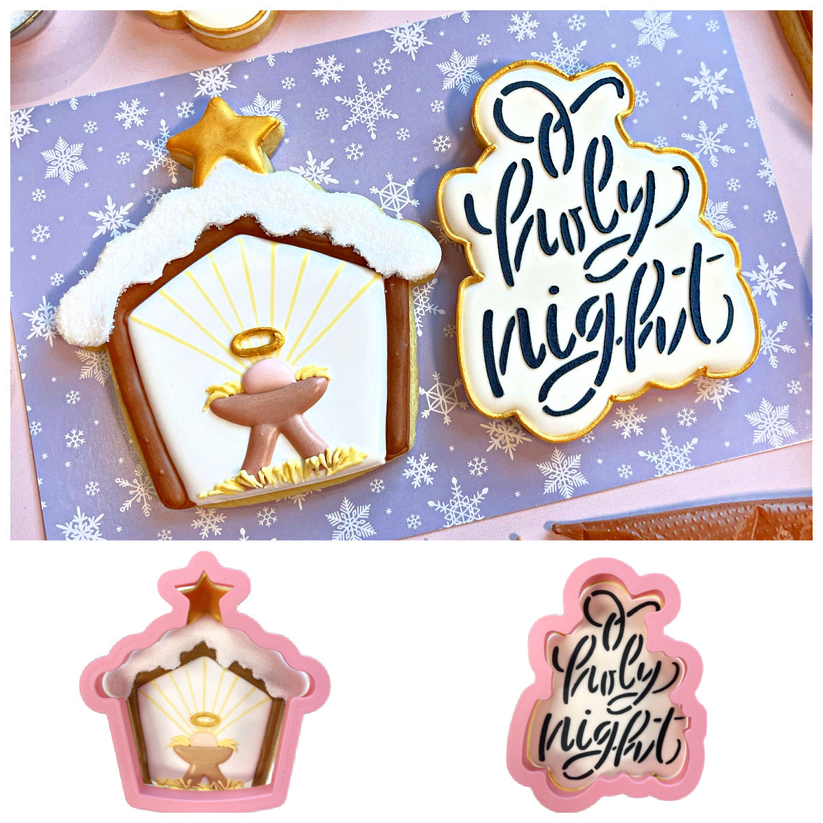 Pink silicone o holy night cookie cutter with nativity stable shape and stencil bundle for holiday baking