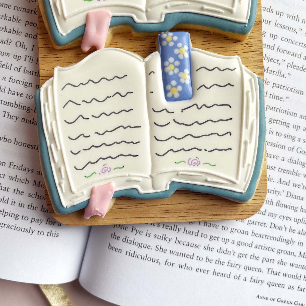 Open book shaped cookie with white icing pages blue border and floral bookmark from bookish cookie cutter bundle with stencil