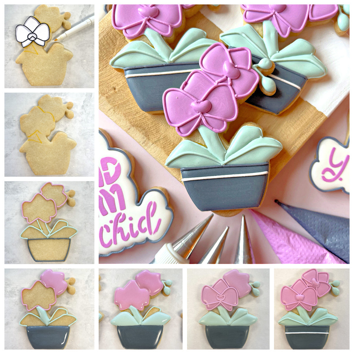Pink orchid-shaped sugar cookies with light green leaves and dark gray pot designs made using an orchid cookie cutter