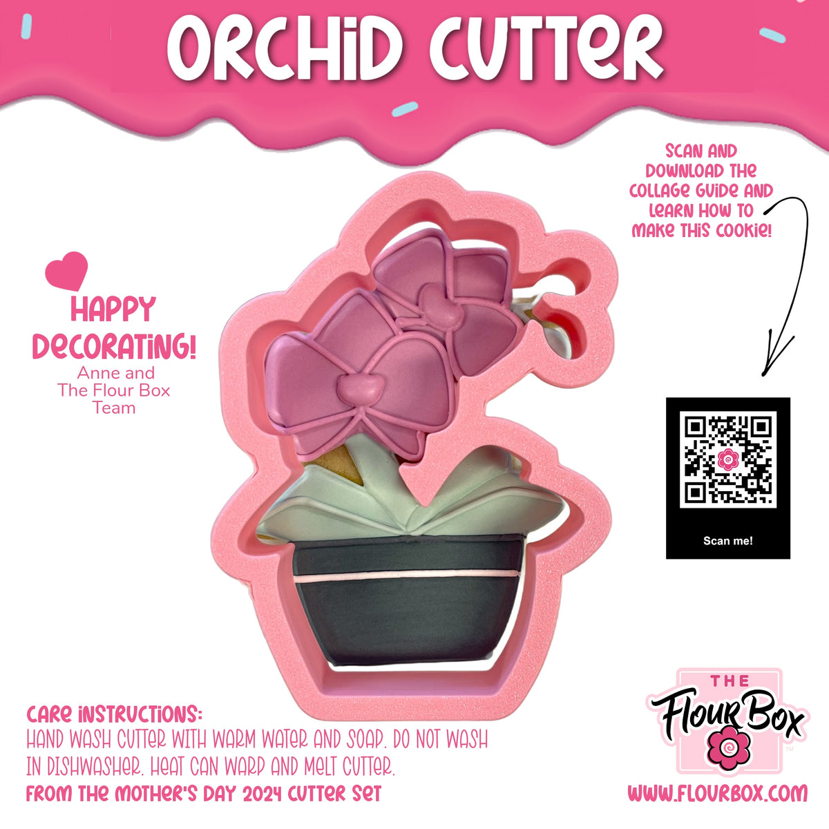 Pink silicone orchid cookie cutter shaped like a cupcake with a purple bow and green leaves in a black pot