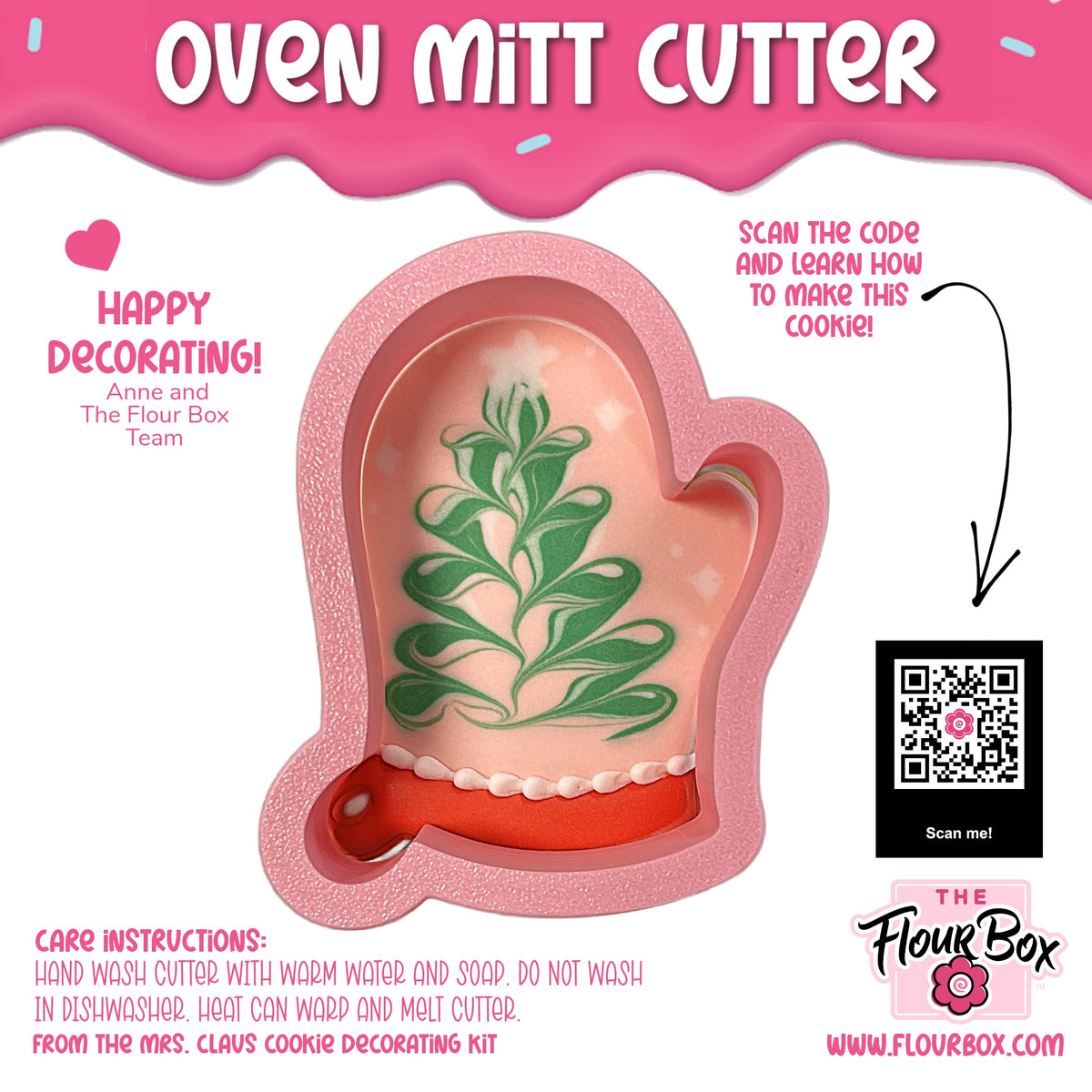 Oven mitt cookie cutter in pink with green leafy design and red cuff detail for baking shaped cookies