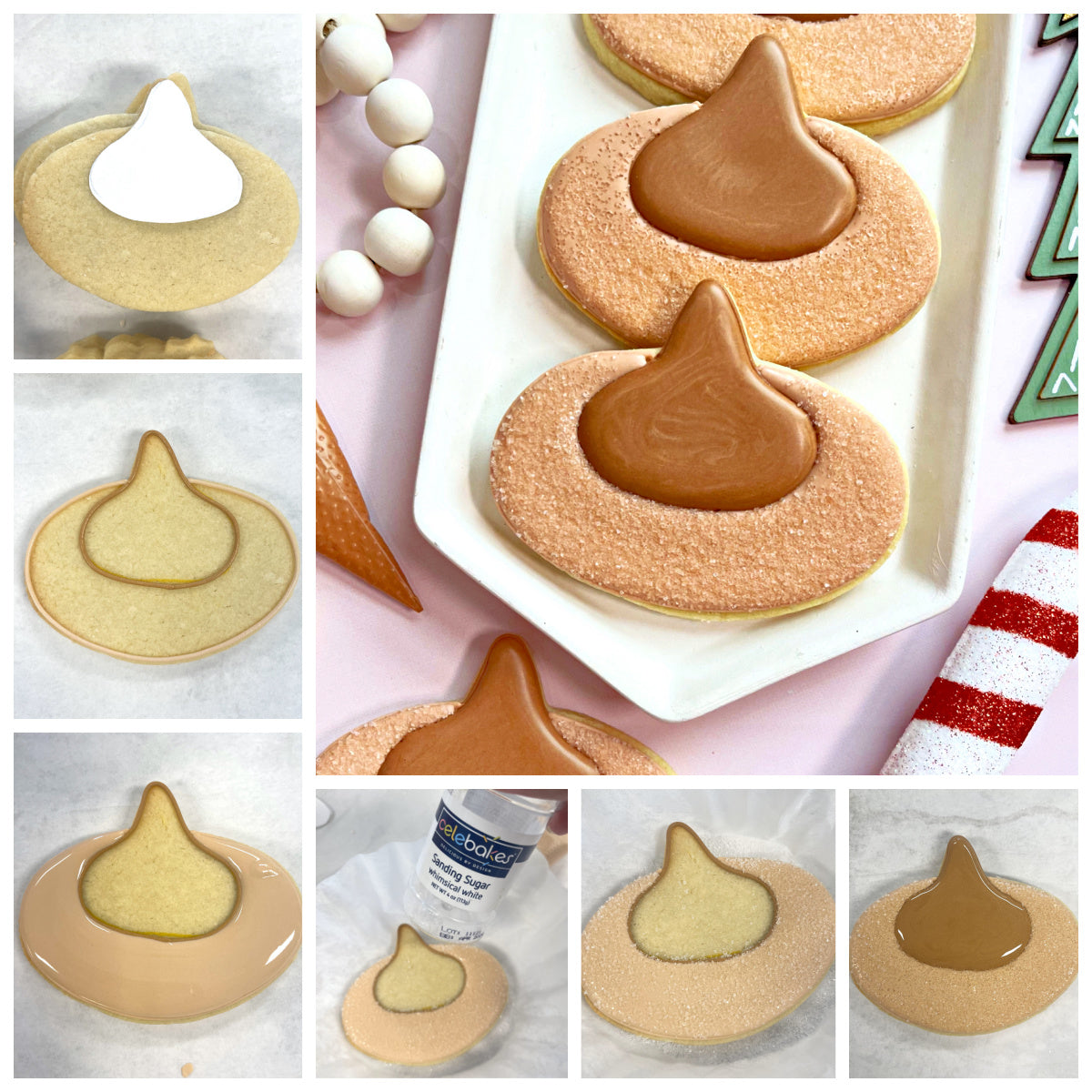 Chocolate-frosted kiss-shaped cookies with sugary glaze made using pb blossom cookie cutter