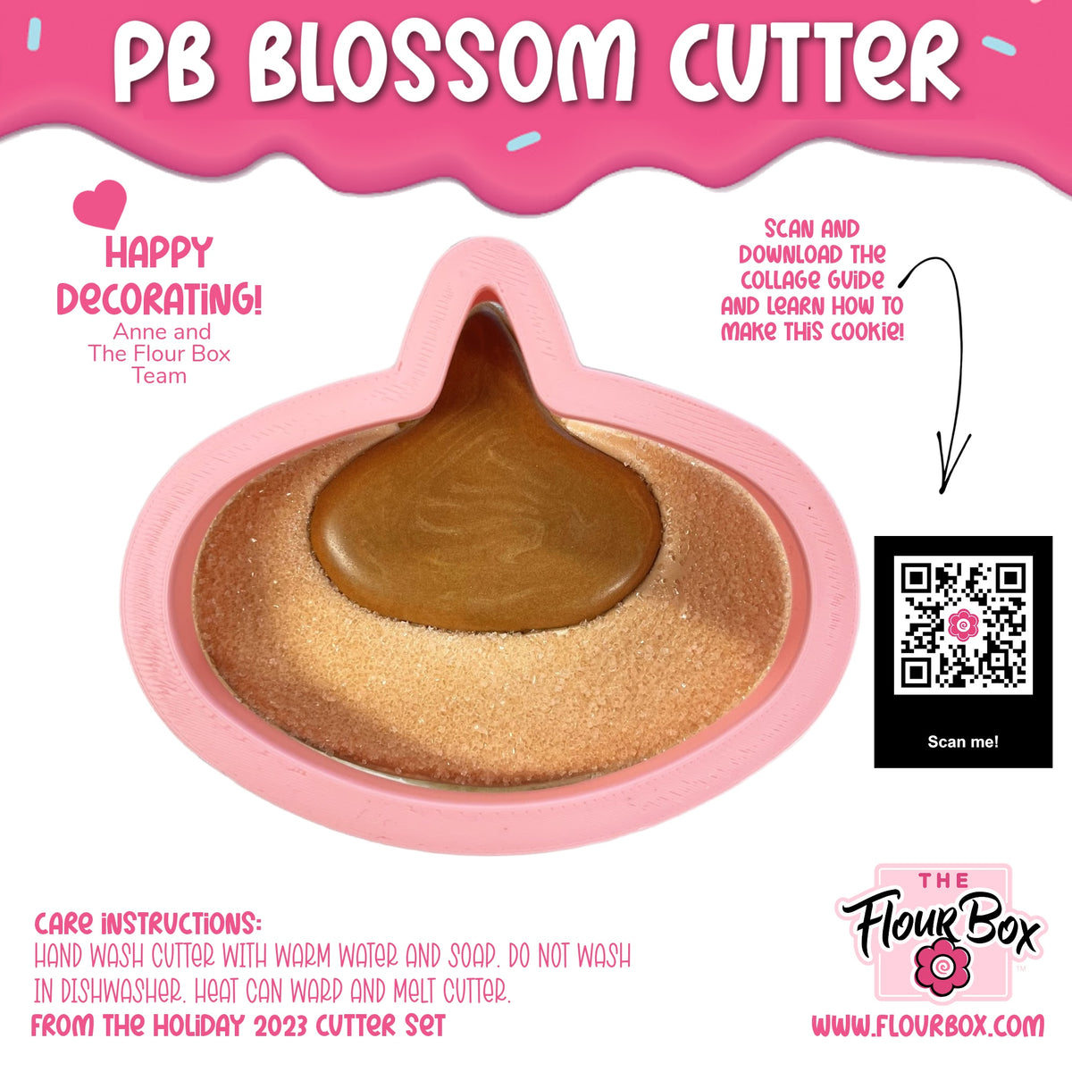 Pink silicone PB blossom cookie cutter filled with golden brown cookie dough for baking flower shaped cookies