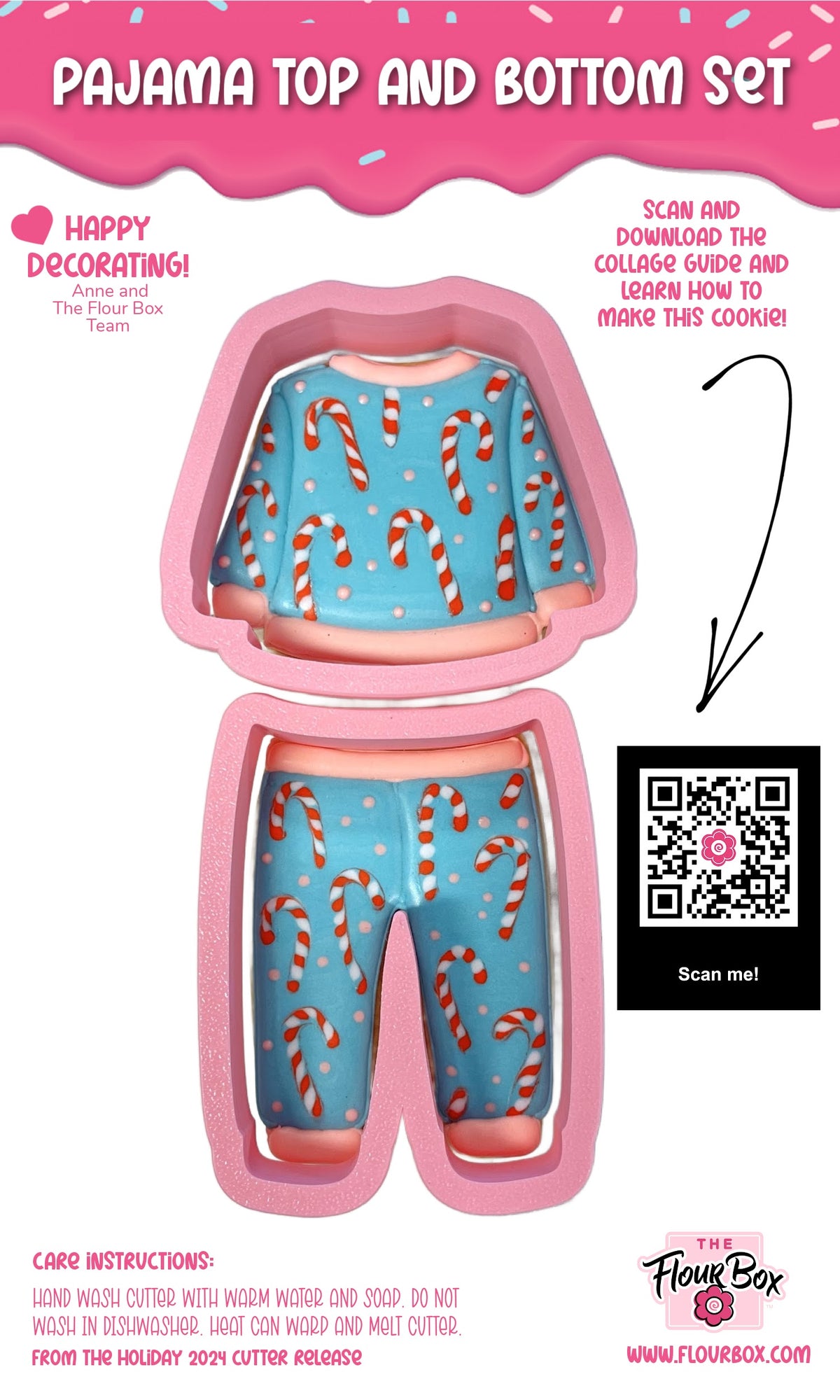 Pajama top and bottom 2pc cookie cutter set with candy cane patterned blue pajamas in pink silicone mold