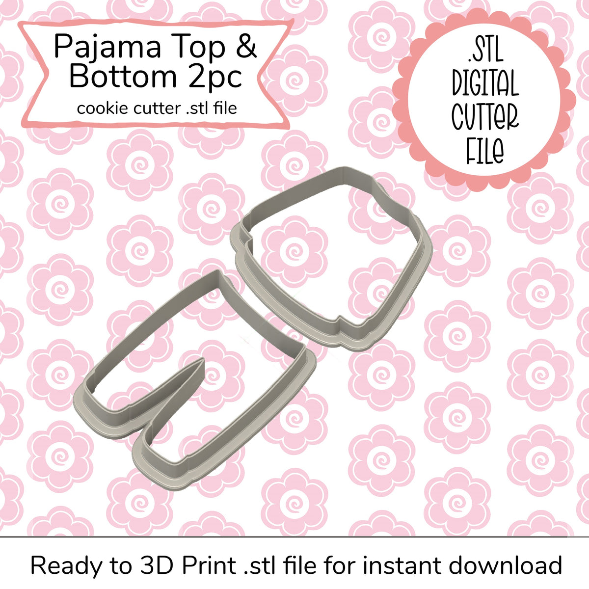 Silver metal cookie cutters shaped like a pajama top and bottom for christmas pajamas STL cutter file digital use