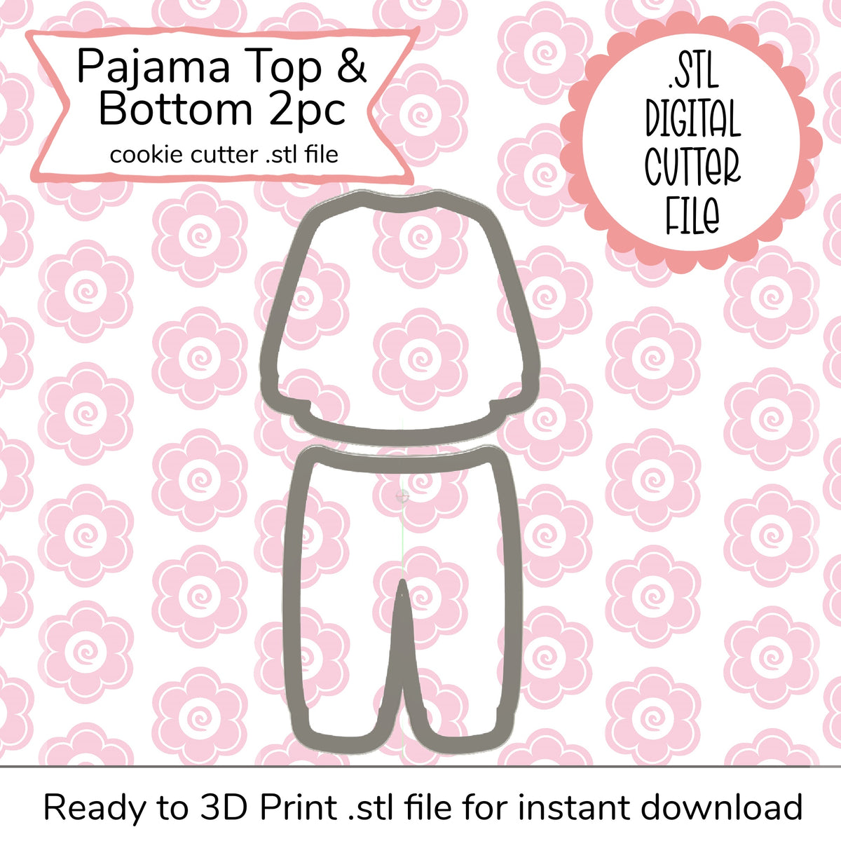 Gray outline cookie cutter shaped like a pajama top and bottom set for christmas pajamas digital stl cutter file
