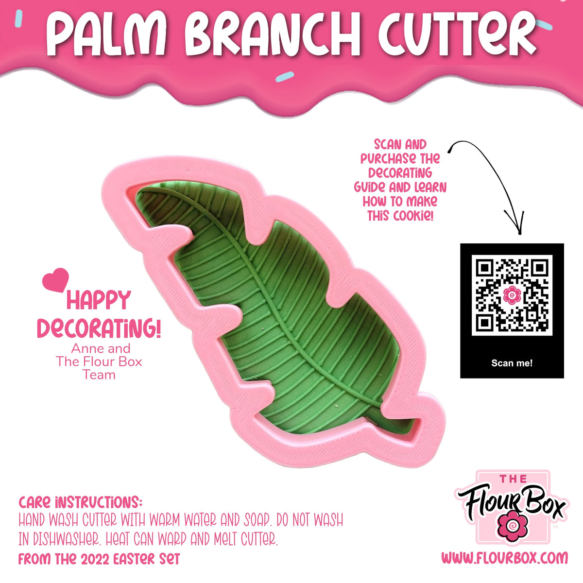 Pink silicone palm branch cookie cutter with green leaf-shaped interior detail for baking and crafting use