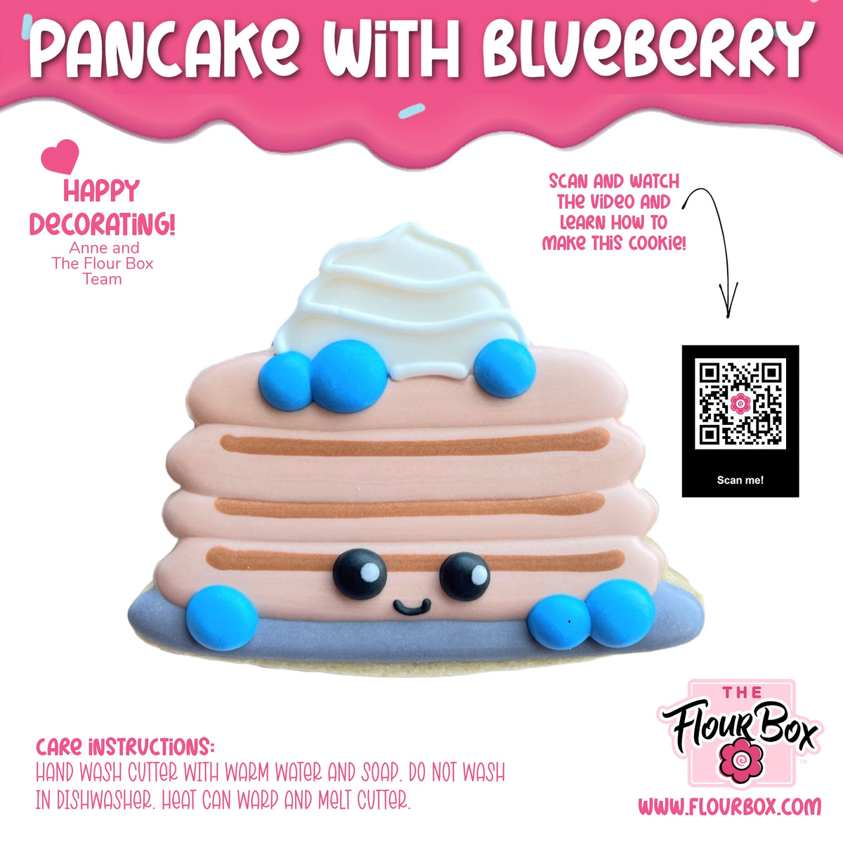 A cute layered pancake cookie with blueberry topping and a smiling face from the pancake blueberry cookie cutter set