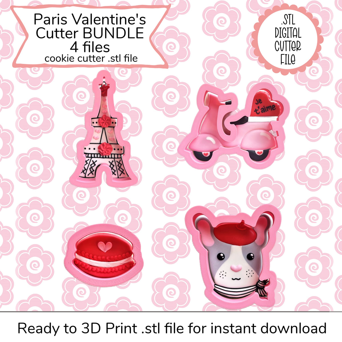 Pink paris-themed cookie cutters including eiffel tower scooter macaron and french bulldog for valentine cookie class recording