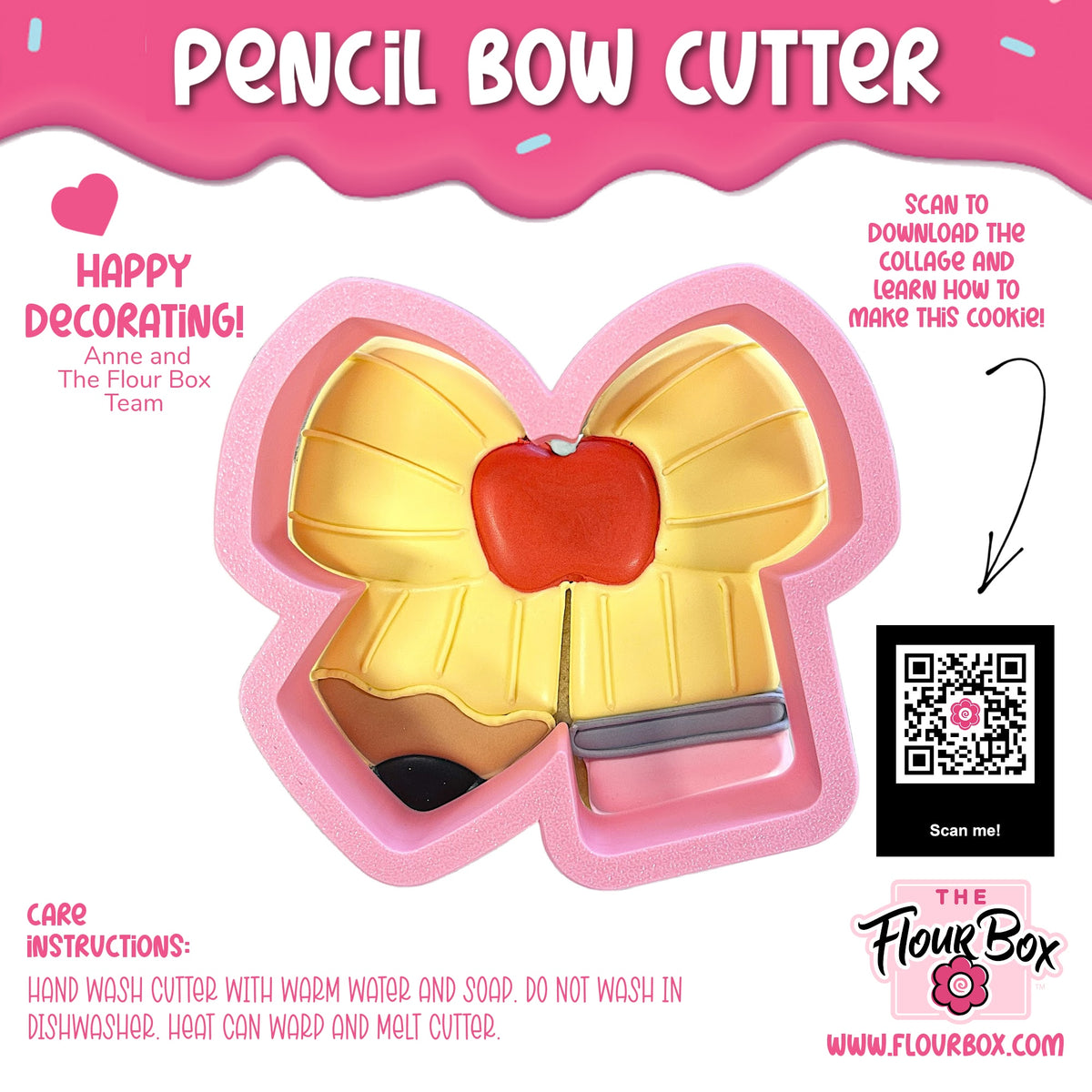 Pink silicone pencil bow cookie cutter with yellow and red cookie design for baking and decorating
