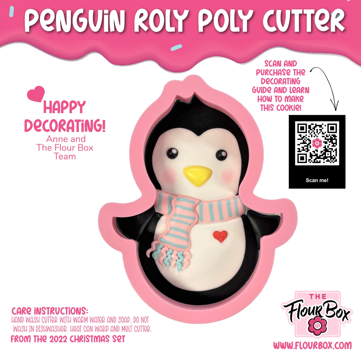 Pink penguin roly poly cookie cutter with black and white fondant design yellow beak and striped blue pink scarf