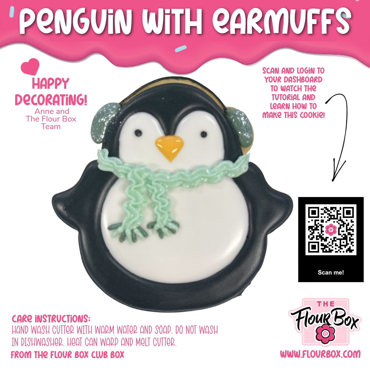 Penguin with earmuffs flour box club cookie cutter shaped black and white cookie decorated with light green scarf and yellow beak