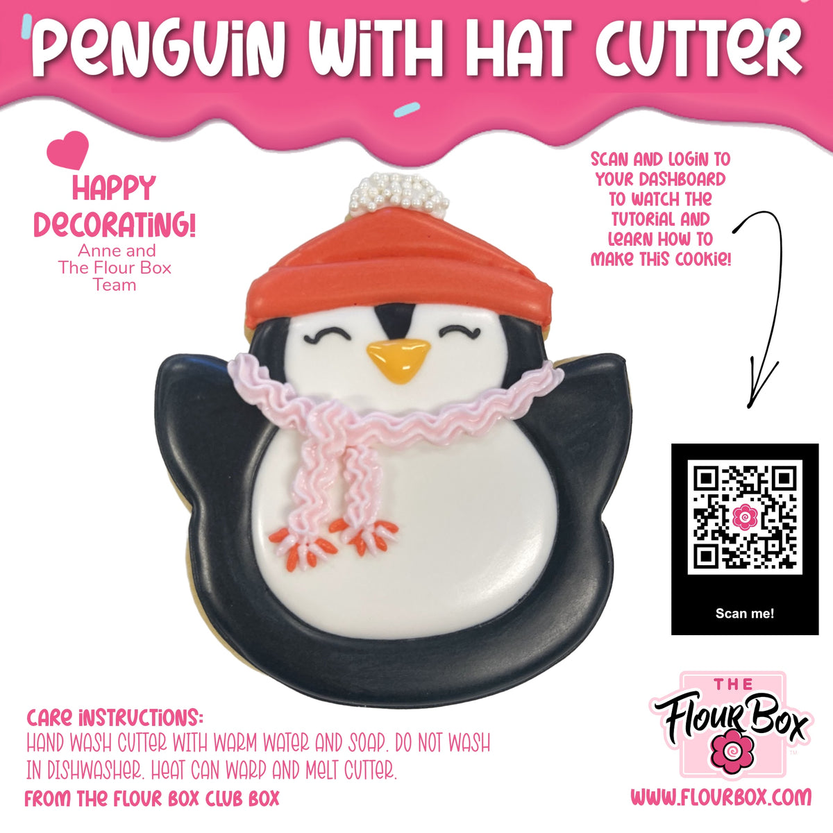 A black and white penguin cookie cutter with red hat pink scarf and yellow beak from flour box club