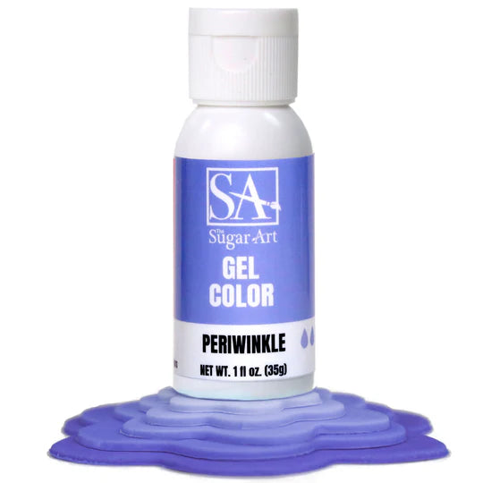 A small white bottle of periwinkle sugar art gel color with a blue label and white cap for cake decorating