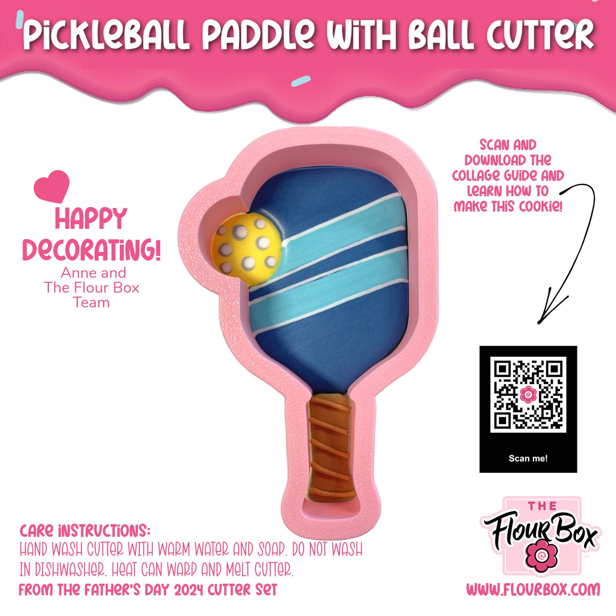 Pink silicone pickleball paddle cookie cutter with blue striped head yellow ball insert and brown twisted handle