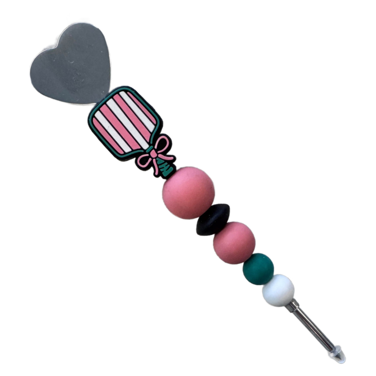 Pickleball cookie scribe beaded crochet hook charm with pink black teal white beads heart-shaped metallic cap and racket design