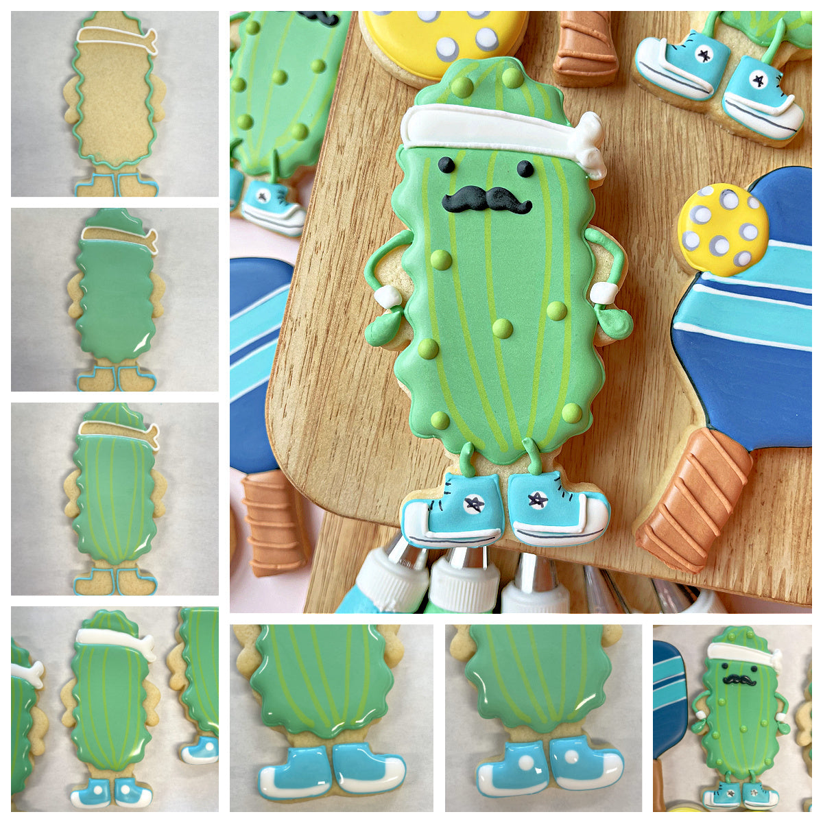 A whimsical green cactus-shaped cookie with a white headband black mustache and blue sneakers made with pickle baller cookie cutter