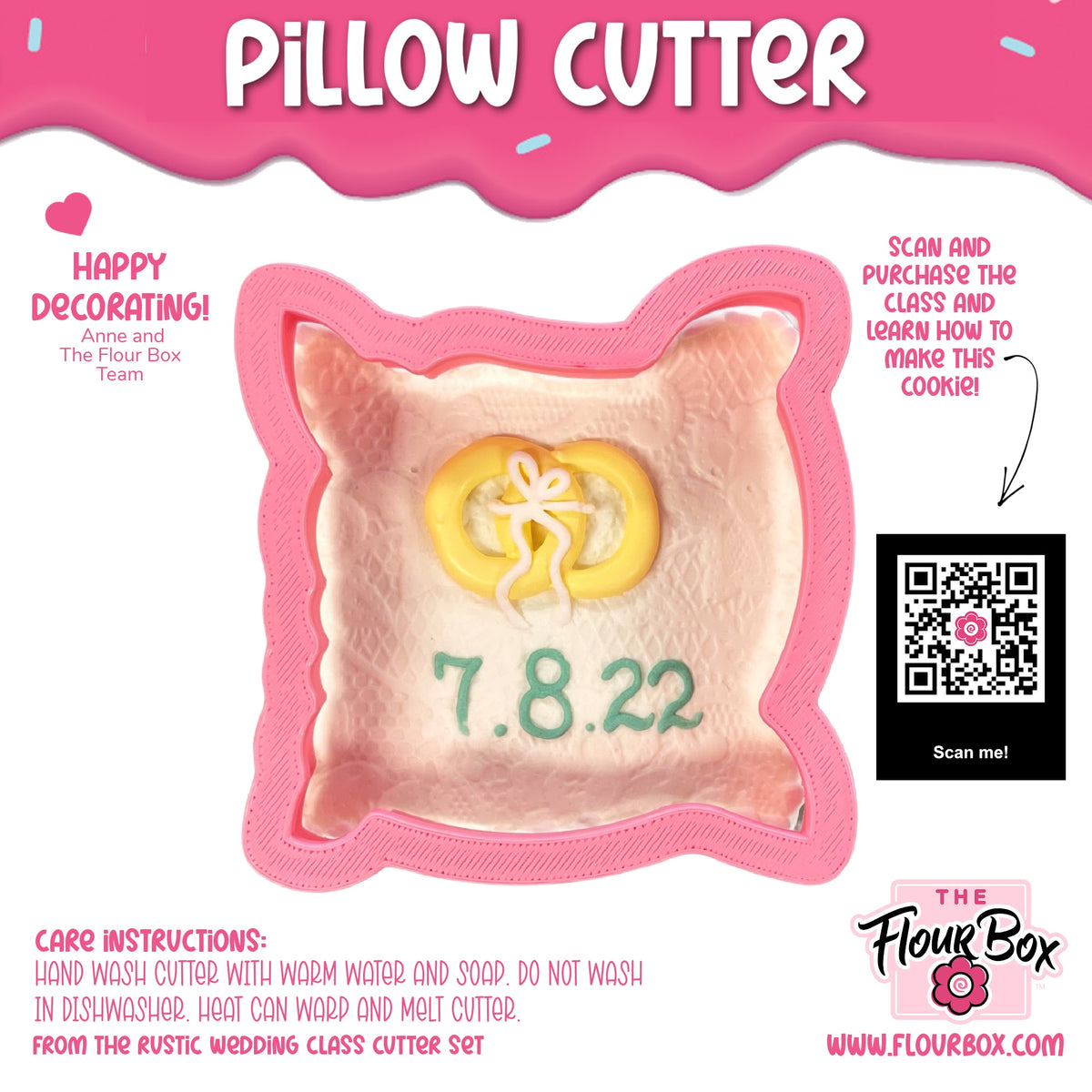 Pink silicone pillow cookie cutter with yellow and white decorative design inside for baking and crafting