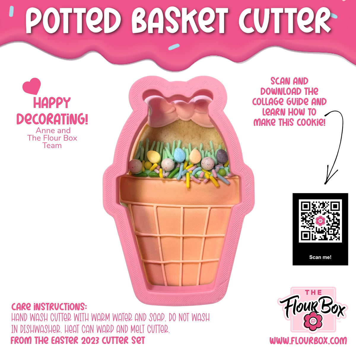 Pink silicone potted basket cookie cutter shaped like an ice cream cone with a bow on top for baking use