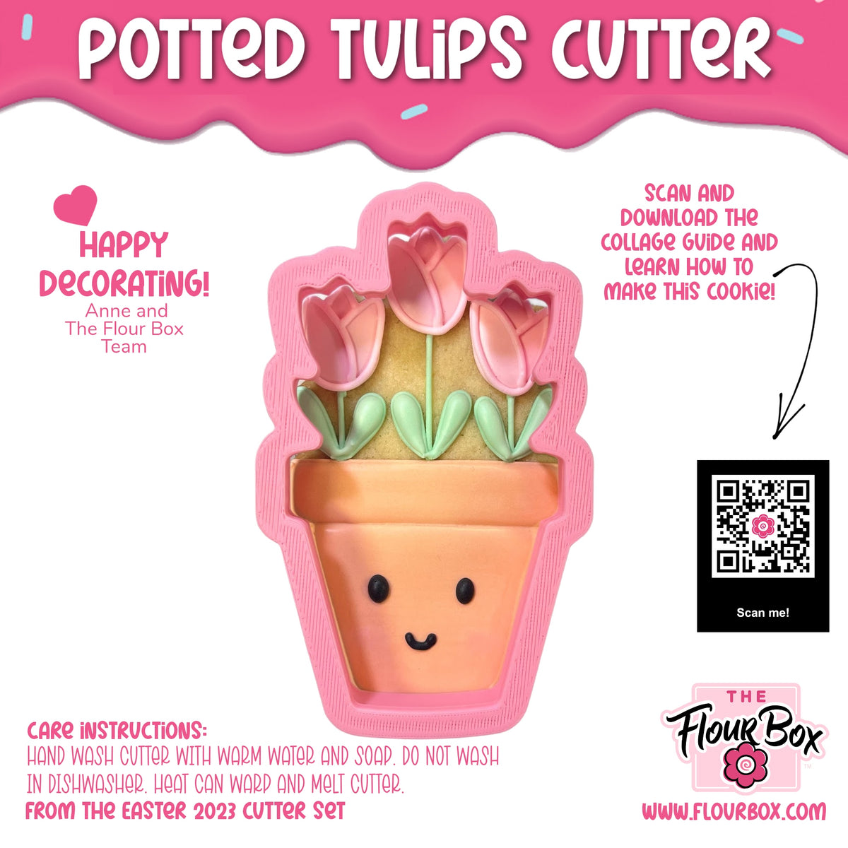 Pink silicone potted tulips cookie cutter with smiling face and three pink tulip flowers for baking use