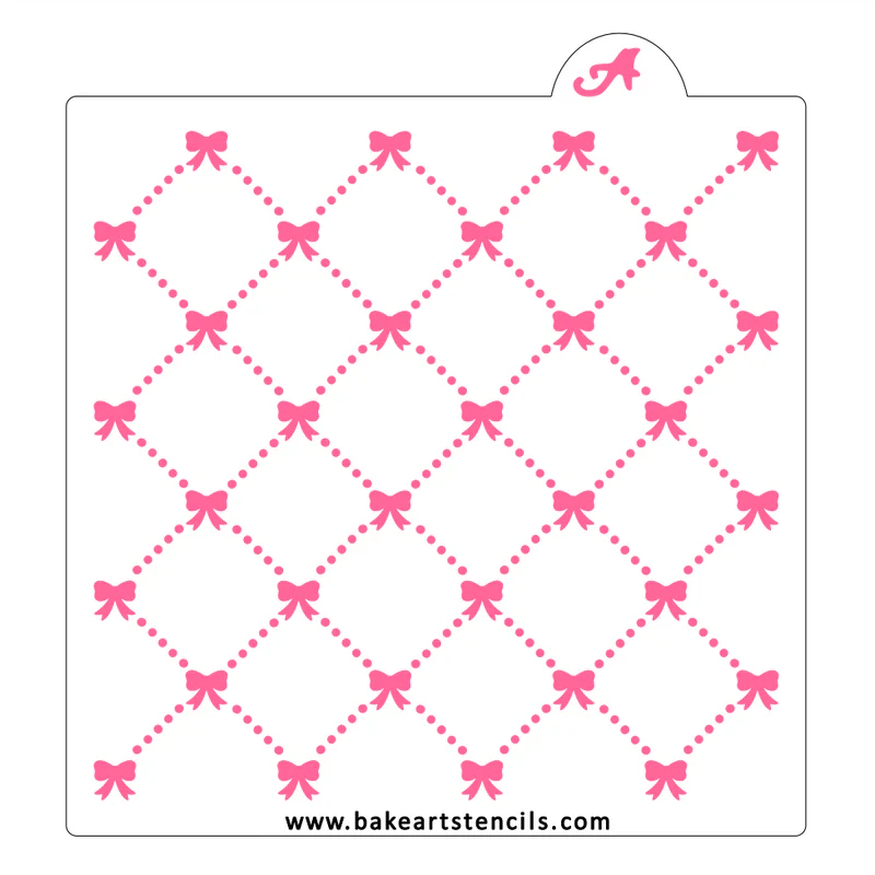 Preppy bows bakeart pink bow-patterned square cake decorating stencil with dotted diamond grid design