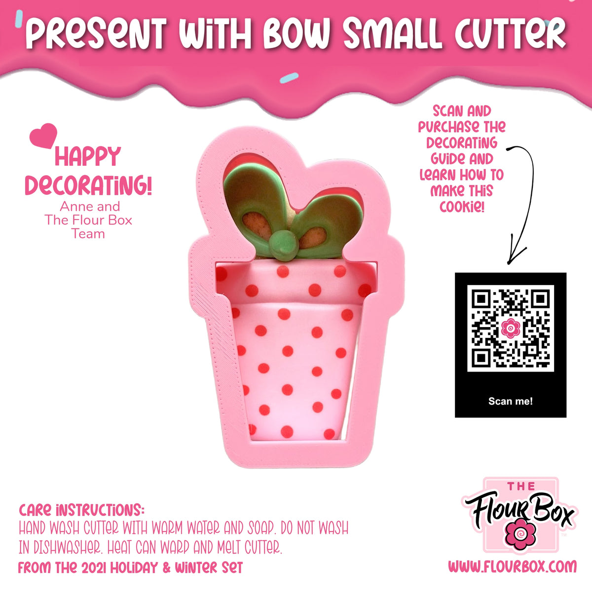 Present with bow small cookie cutter shaped like a pink gift box with red polka dots and a green bow on top