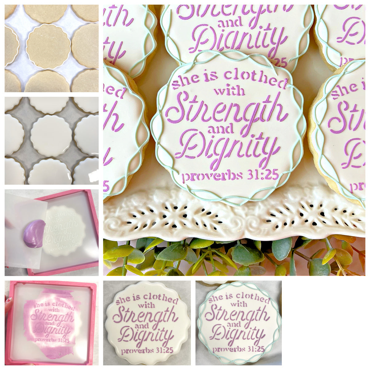 White and lavender frosted scalloped cookies decorated with purple script from proverbs 31 25 cutter and stencil bundle