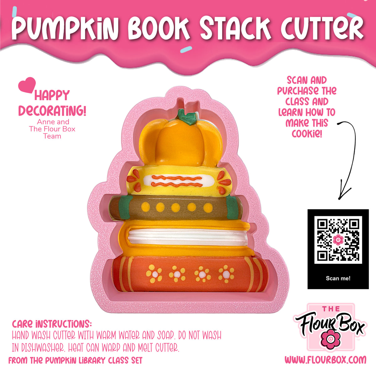 Pink silicone pumpkin book stack cookie cutter with yellow orange and brown book shapes inside the mold