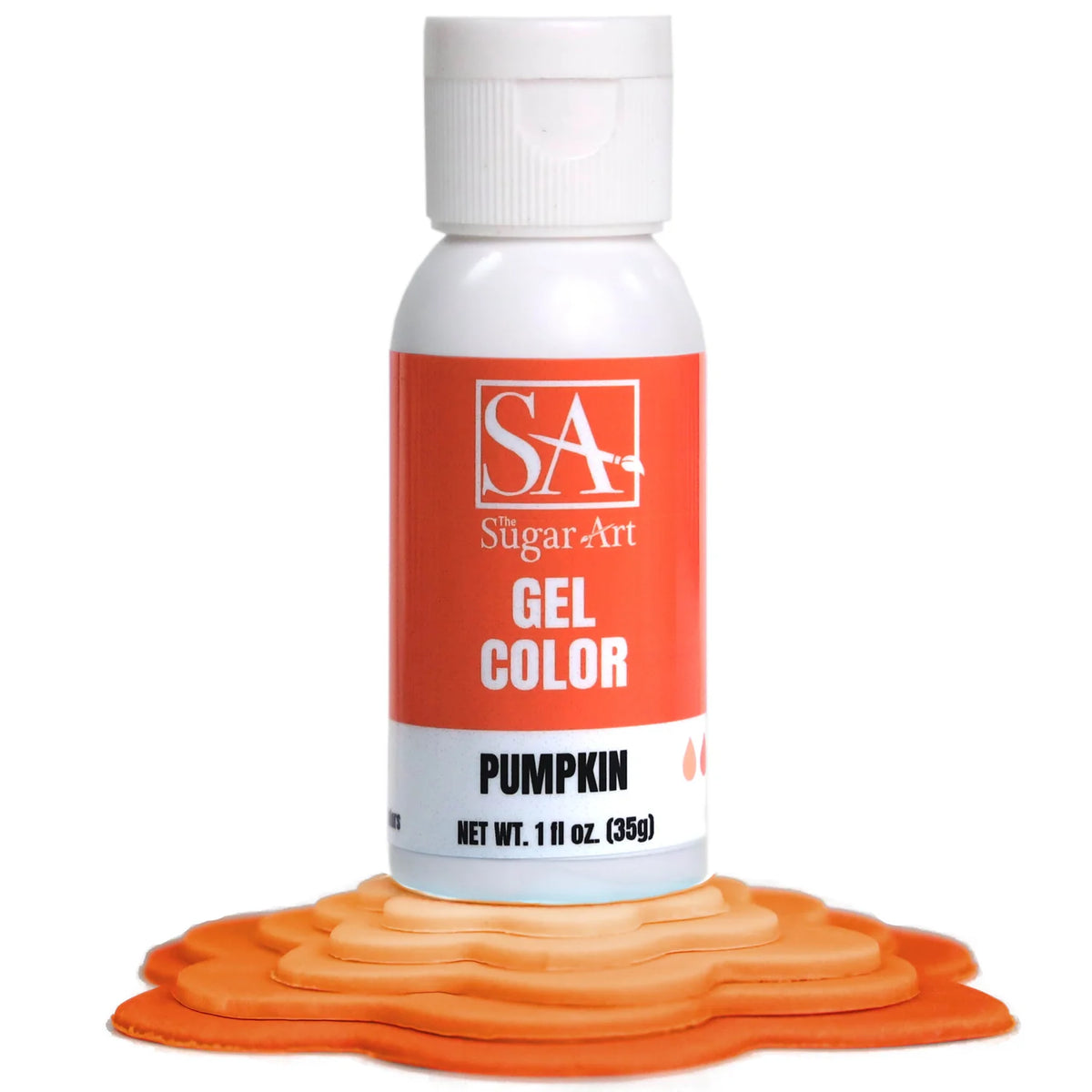 A white bottle of Pumpkin The Sugar Art gel color with an orange label and white cap for cake decorating