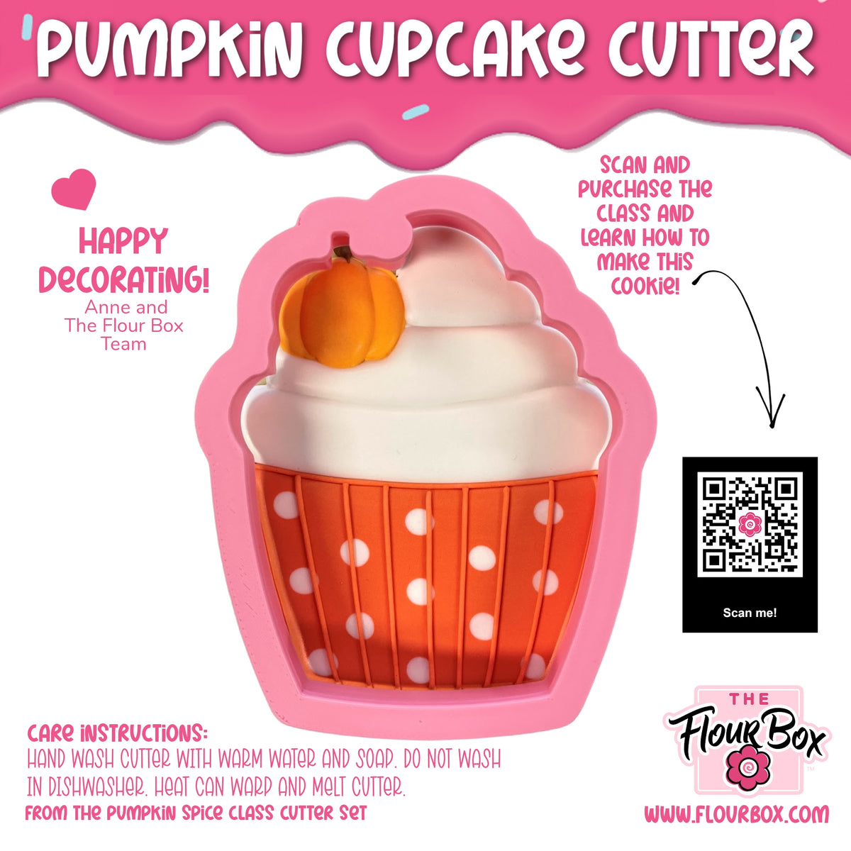 Pink silicone pumpkin cupcake cookie cutter with orange polka-dot liner and small orange pumpkin decoration on top