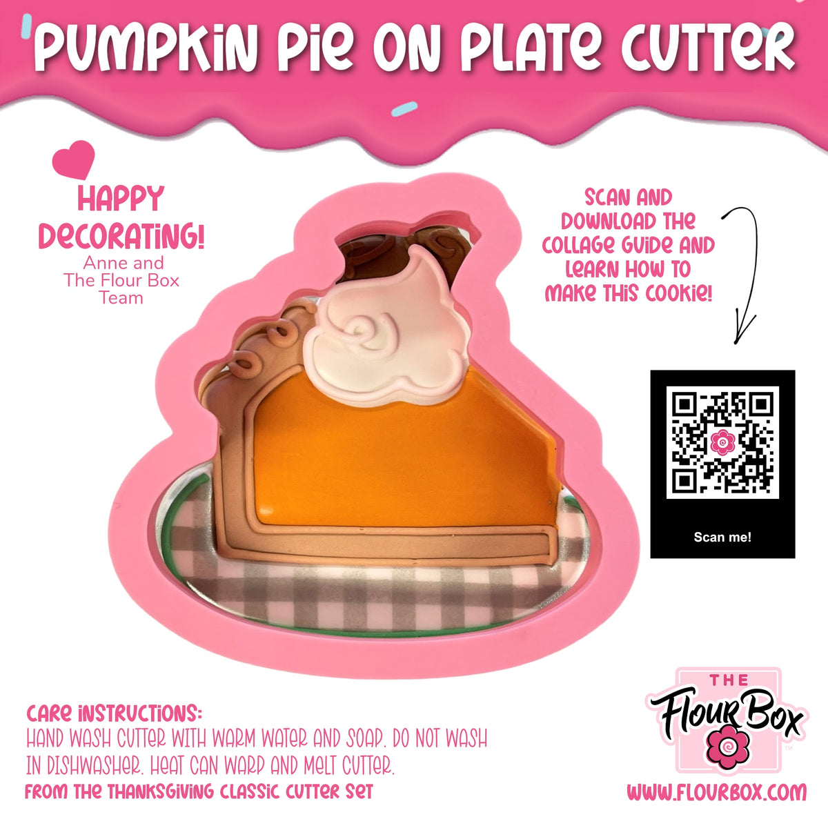 Orange pumpkin pie-shaped cookie cutter with brown crust and white whipped cream topping by The Flour Box