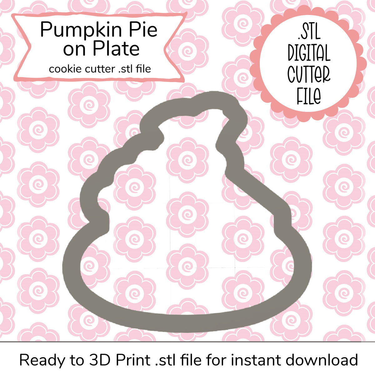 Gray pumpkin pie-shaped cookie cutter for 3d printing in a pumpkin pie on plate cutter stl digital file